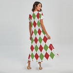 White Red And Green Argyle Pattern Print Short Sleeve Maxi Dress