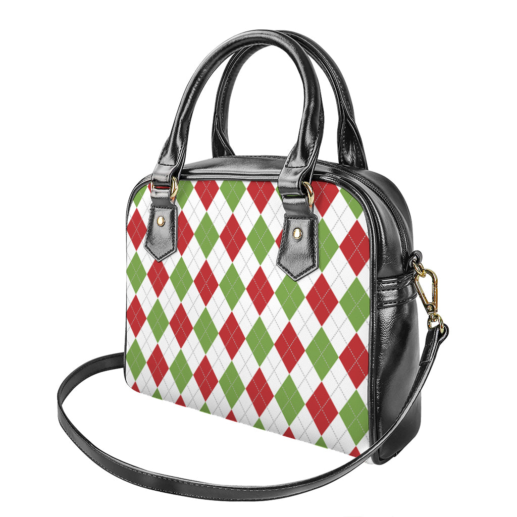 White Red And Green Argyle Pattern Print Shoulder Handbag