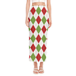 White Red And Green Argyle Pattern Print Side Slit Maxi Skirt