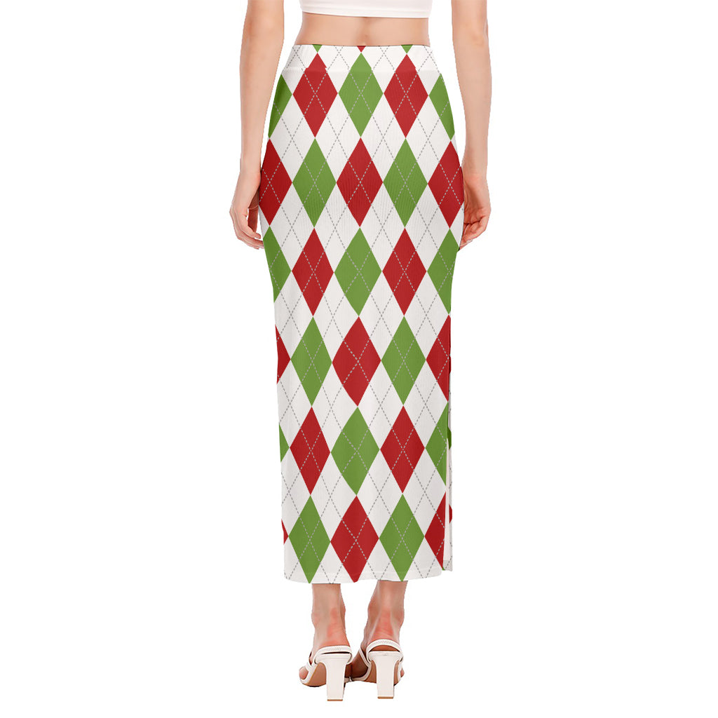 White Red And Green Argyle Pattern Print Side Slit Maxi Skirt