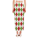 White Red And Green Argyle Pattern Print Side Slit Maxi Skirt