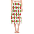 White Red And Green Argyle Pattern Print Side Slit Midi Skirt