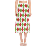White Red And Green Argyle Pattern Print Side Slit Midi Skirt