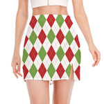 White Red And Green Argyle Pattern Print Side Slit Mini Skirt