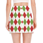 White Red And Green Argyle Pattern Print Side Slit Mini Skirt