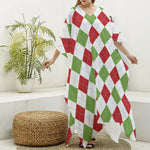 White Red And Green Argyle Pattern Print Silk V-Neck Kaftan Dress