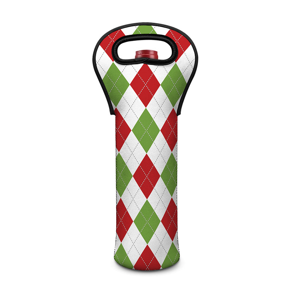 White Red And Green Argyle Pattern Print Single Neoprene Wine Tote