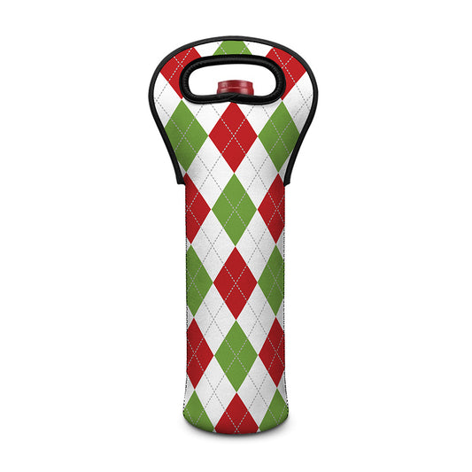 White Red And Green Argyle Pattern Print Single Neoprene Wine Tote