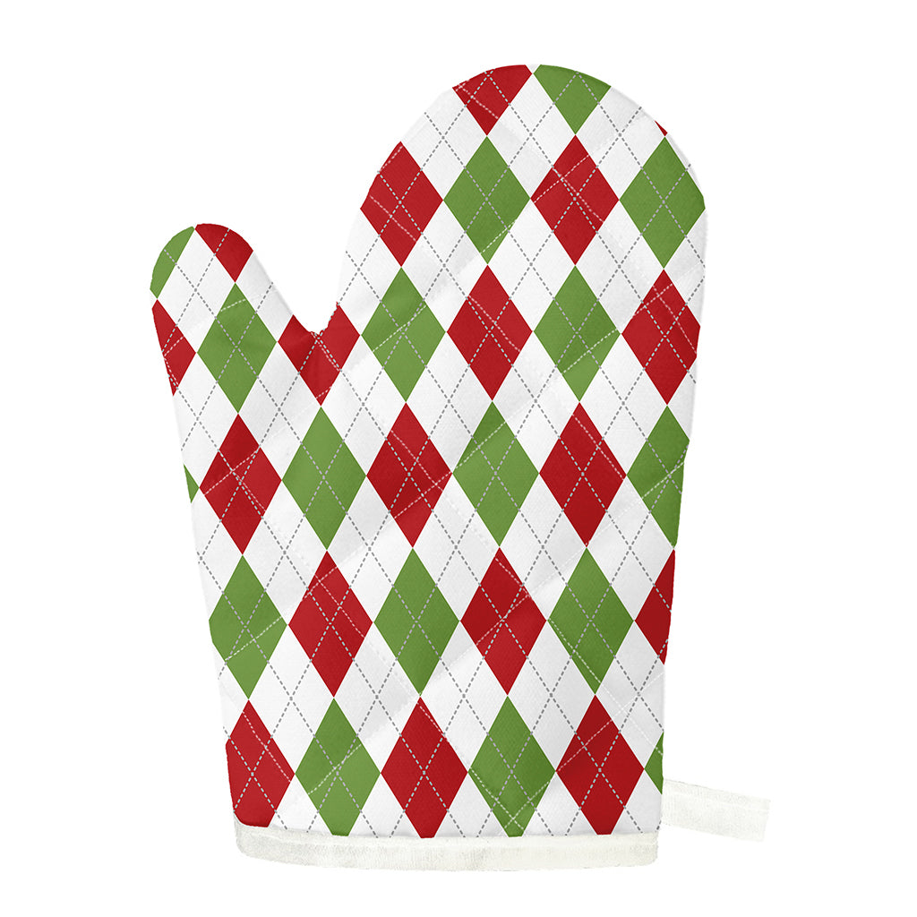 White Red And Green Argyle Pattern Print Single Oven Mitt