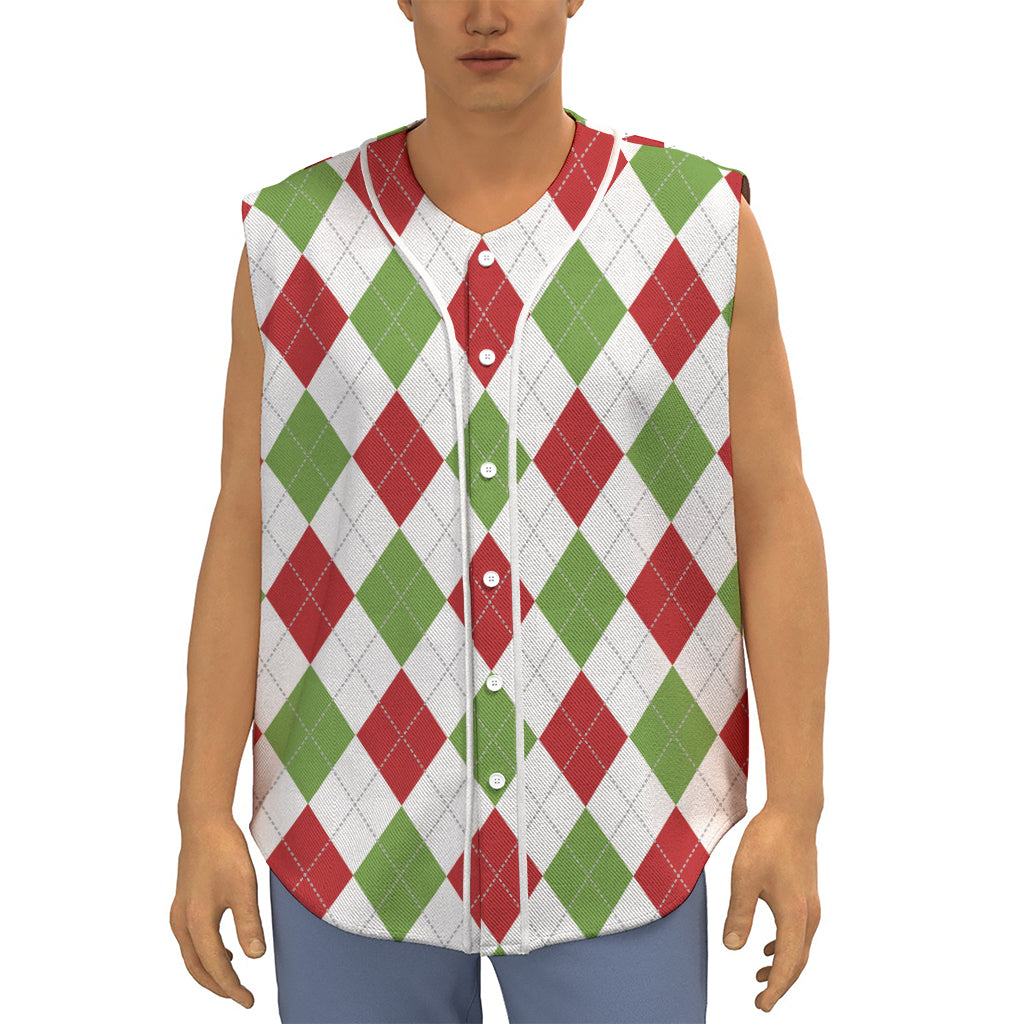 White Red And Green Argyle Pattern Print Sleeveless Baseball Jersey