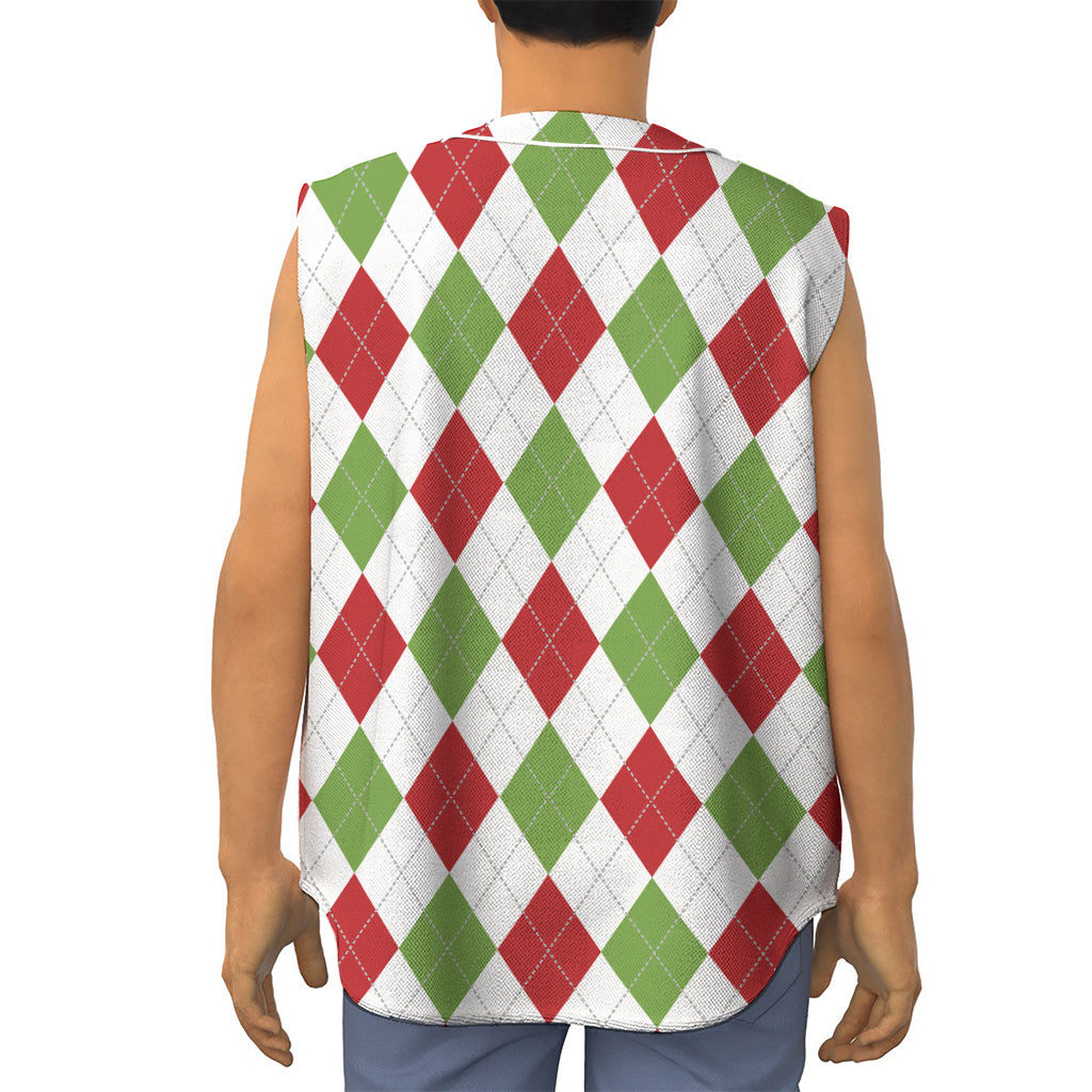 White Red And Green Argyle Pattern Print Sleeveless Baseball Jersey