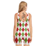 White Red And Green Argyle Pattern Print Sleeveless One Piece Swimsuit