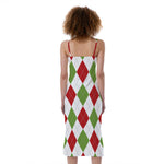 White Red And Green Argyle Pattern Print Slim Fit Midi Cami Dress