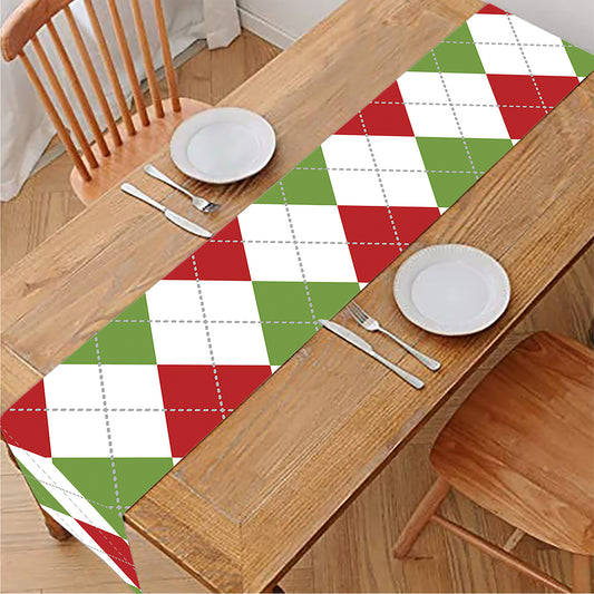 White Red And Green Argyle Pattern Print Table Runner