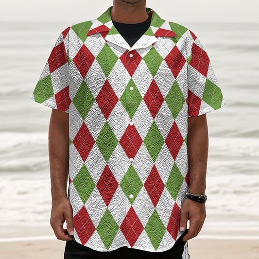 White Red And Green Argyle Pattern Print Textured Short Sleeve Shirt