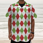 White Red And Green Argyle Pattern Print Textured Short Sleeve Shirt