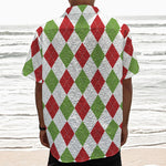 White Red And Green Argyle Pattern Print Textured Short Sleeve Shirt