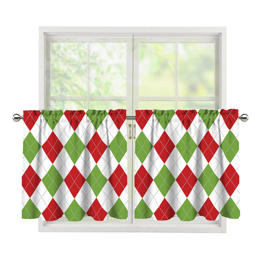 White Red And Green Argyle Pattern Print Tier Curtains