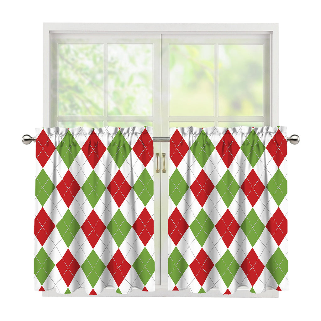 White Red And Green Argyle Pattern Print Tier Curtains