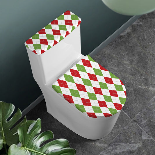 White Red And Green Argyle Pattern Print Toilet Lid And Tank Cover Set