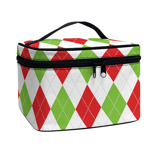 White Red And Green Argyle Pattern Print Travel Makeup Bag