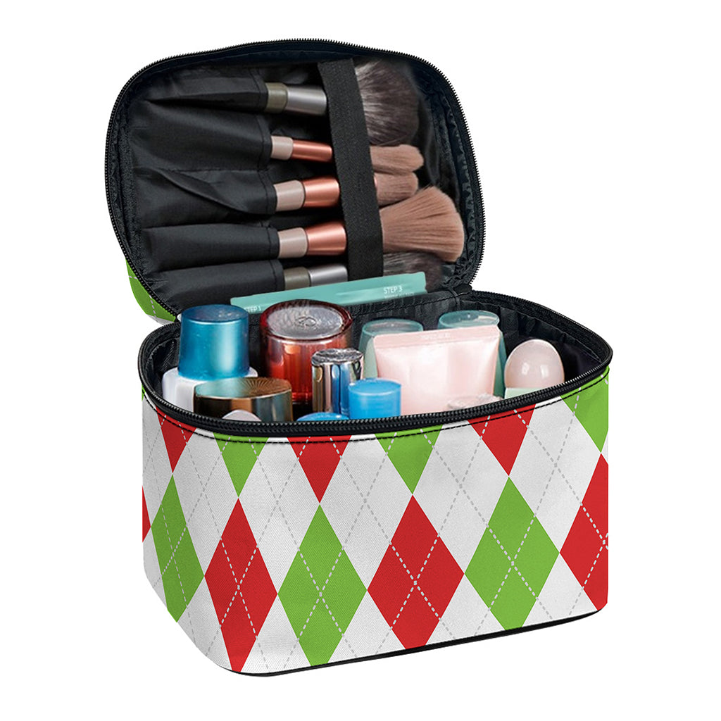 White Red And Green Argyle Pattern Print Travel Makeup Bag