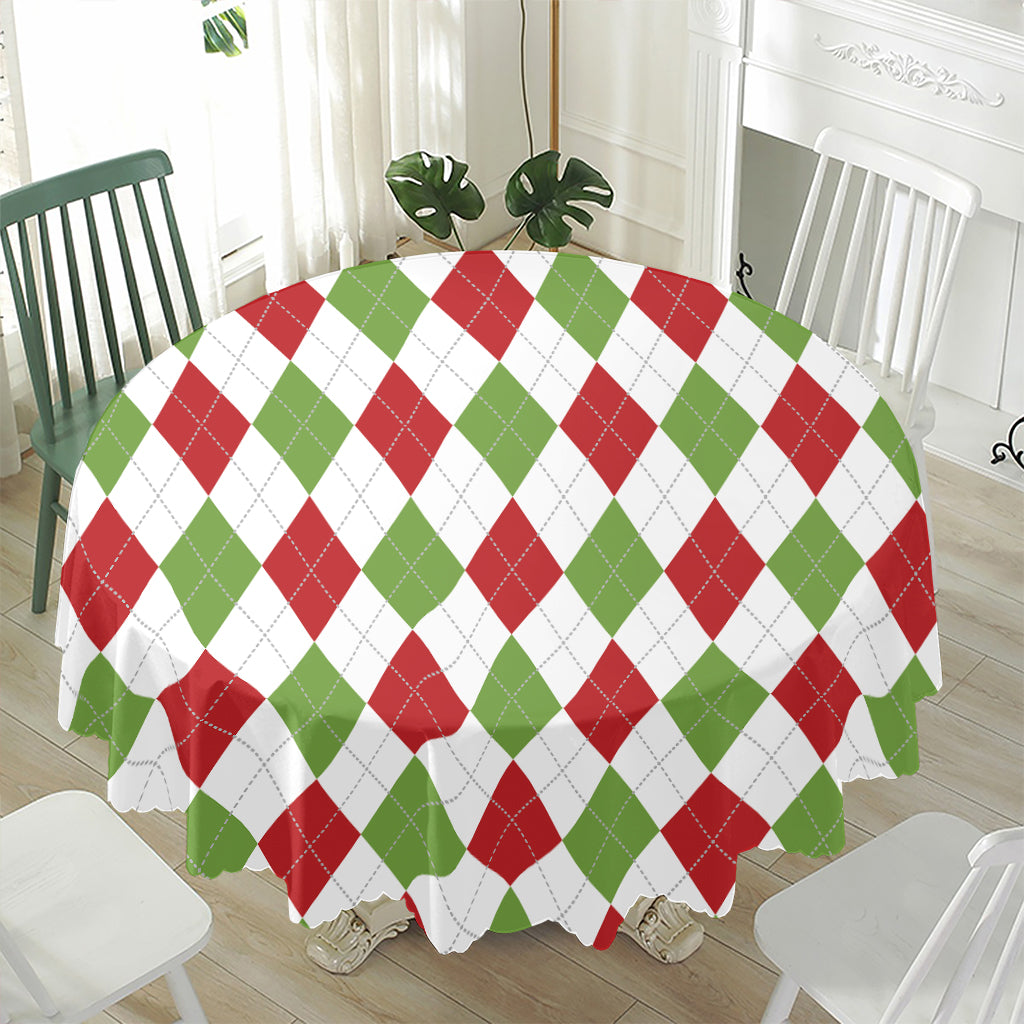 White Red And Green Argyle Pattern Print Waterproof Round Tablecloth