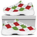 White Red And Green Argyle Pattern Print White Chunky Shoes