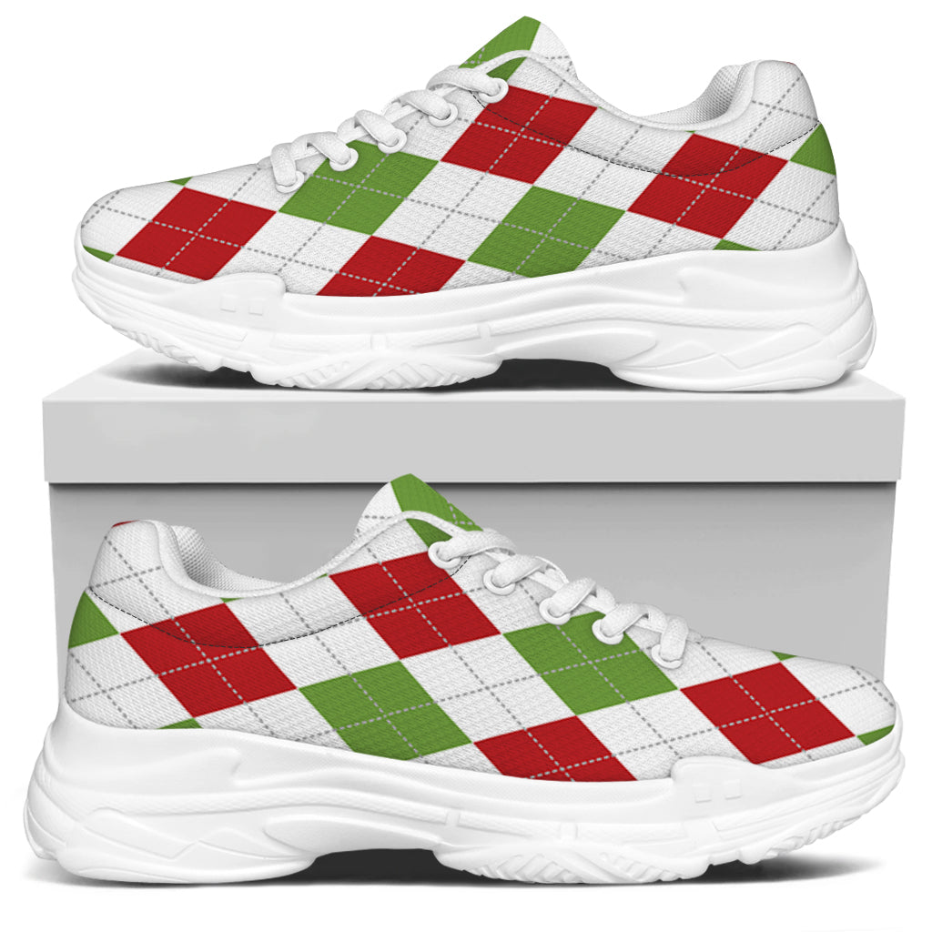 White Red And Green Argyle Pattern Print White Chunky Shoes