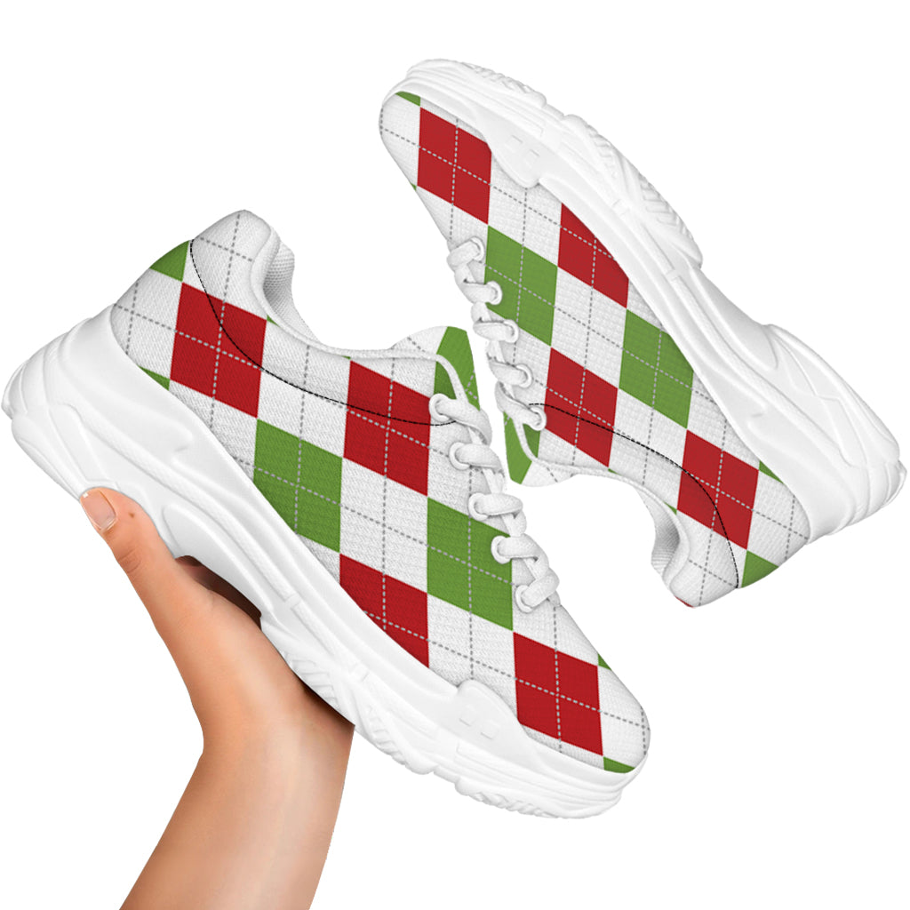 White Red And Green Argyle Pattern Print White Chunky Shoes