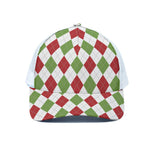 White Red And Green Argyle Pattern Print White Mesh Trucker Cap