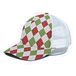 White Red And Green Argyle Pattern Print White Mesh Trucker Cap