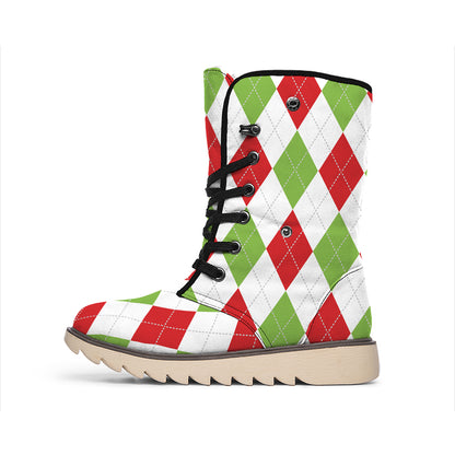 White Red And Green Argyle Pattern Print Winter Boots