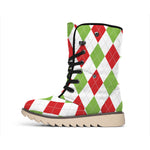 White Red And Green Argyle Pattern Print Winter Boots