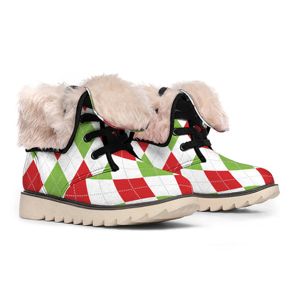 White Red And Green Argyle Pattern Print Winter Boots