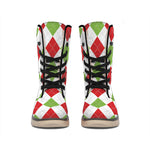 White Red And Green Argyle Pattern Print Winter Boots