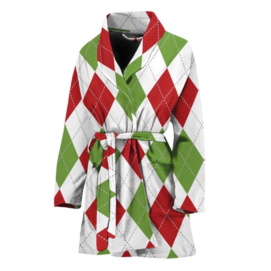 White Red And Green Argyle Pattern Print Women's Bathrobe