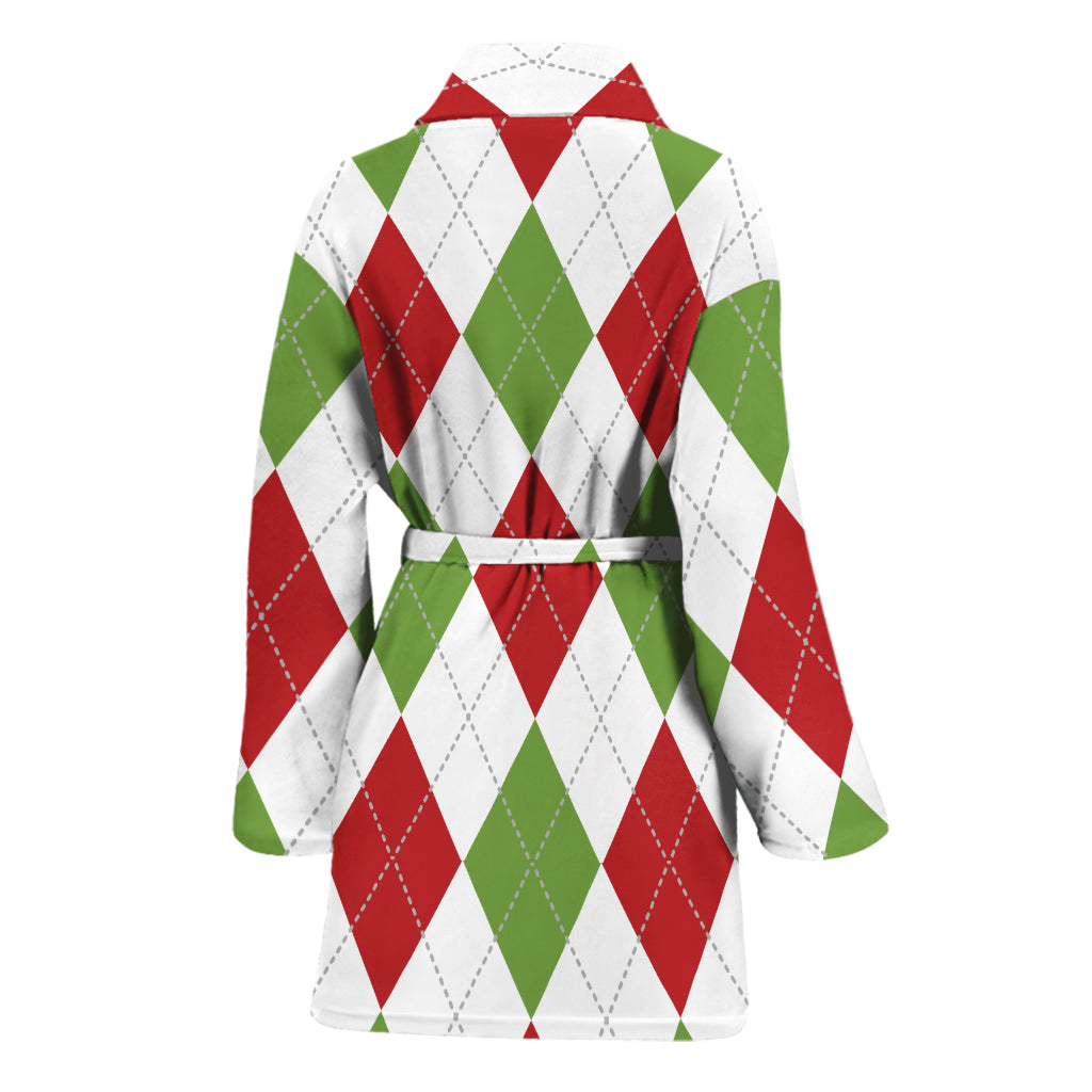 White Red And Green Argyle Pattern Print Women's Bathrobe