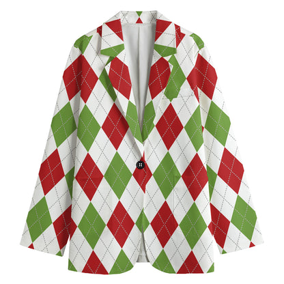 White Red And Green Argyle Pattern Print Women's Blazer