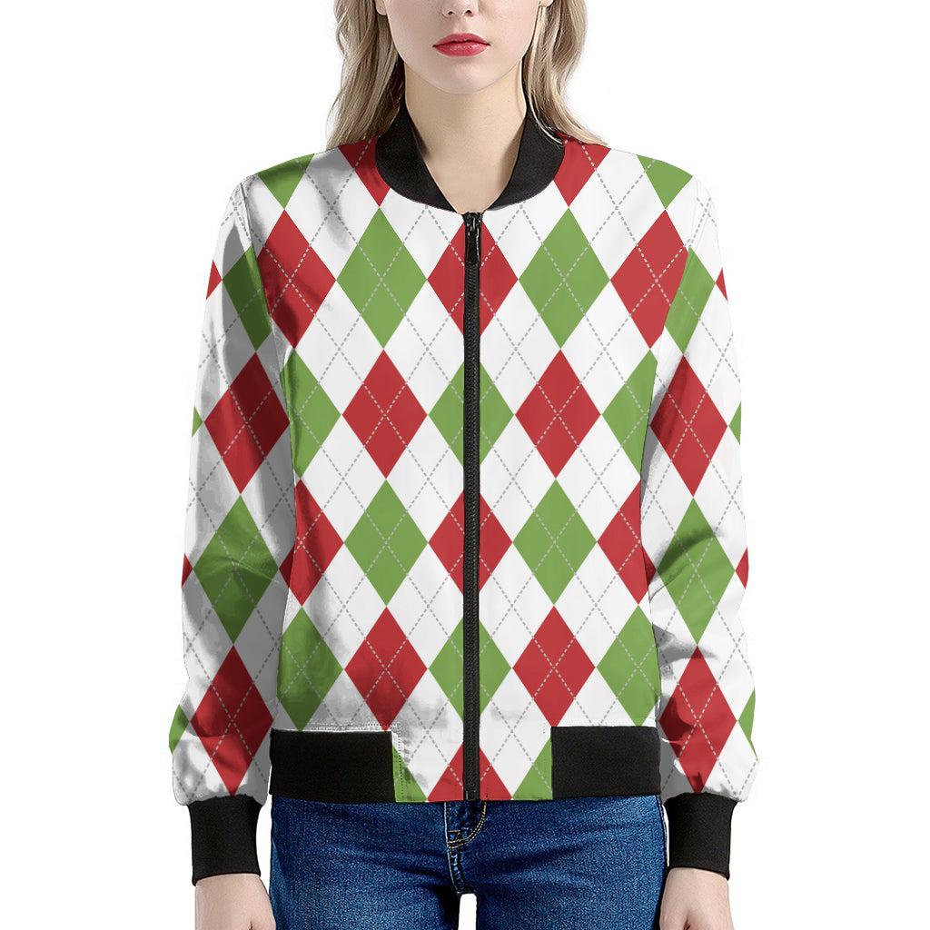White Red And Green Argyle Pattern Print Women's Bomber Jacket