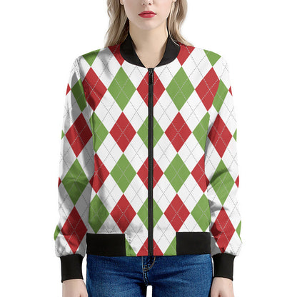 White Red And Green Argyle Pattern Print Women's Bomber Jacket