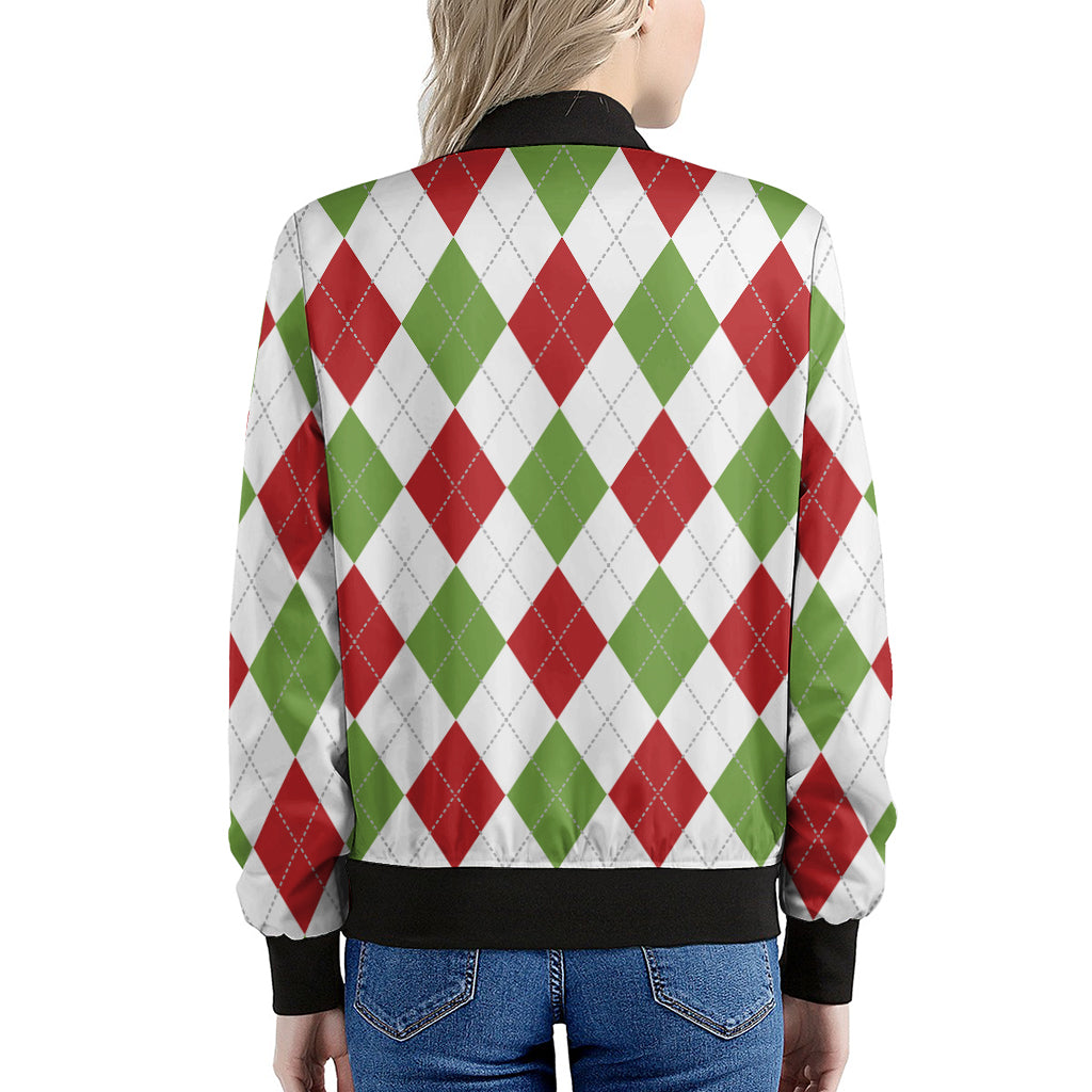 White Red And Green Argyle Pattern Print Women's Bomber Jacket