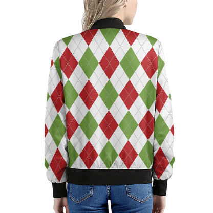White Red And Green Argyle Pattern Print Women's Bomber Jacket