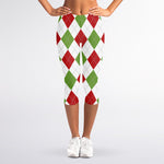 White Red And Green Argyle Pattern Print Women's Capri Leggings