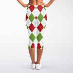 White Red And Green Argyle Pattern Print Women's Capri Leggings