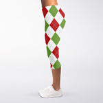 White Red And Green Argyle Pattern Print Women's Capri Leggings