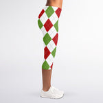 White Red And Green Argyle Pattern Print Women's Capri Leggings