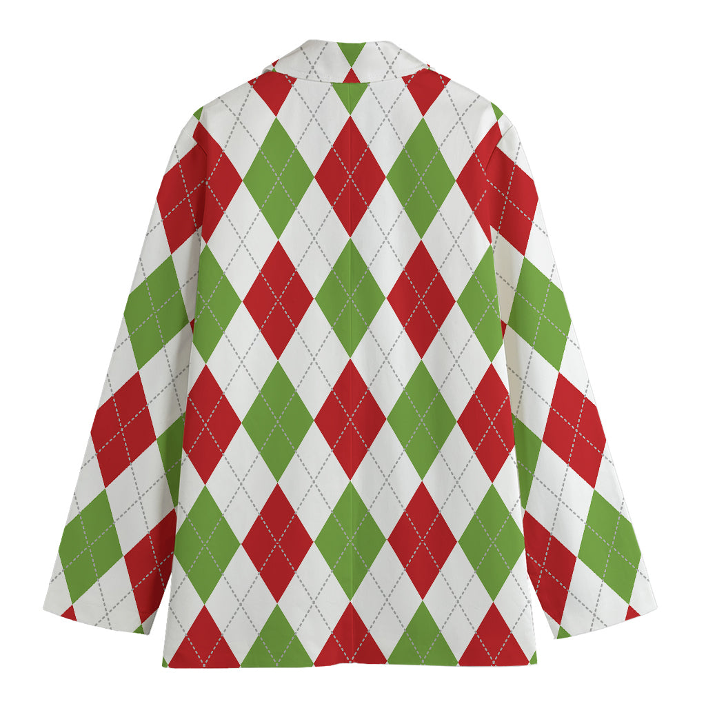 White Red And Green Argyle Pattern Print Women's Cotton Blazer