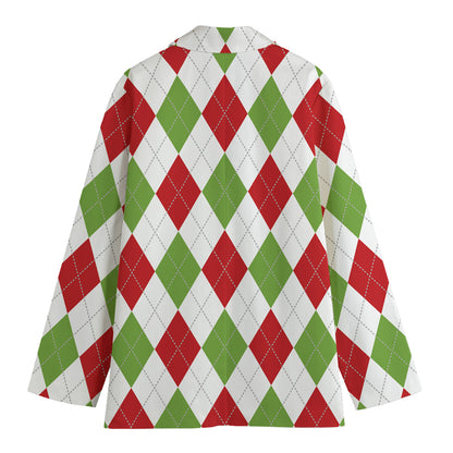 White Red And Green Argyle Pattern Print Women's Cotton Blazer