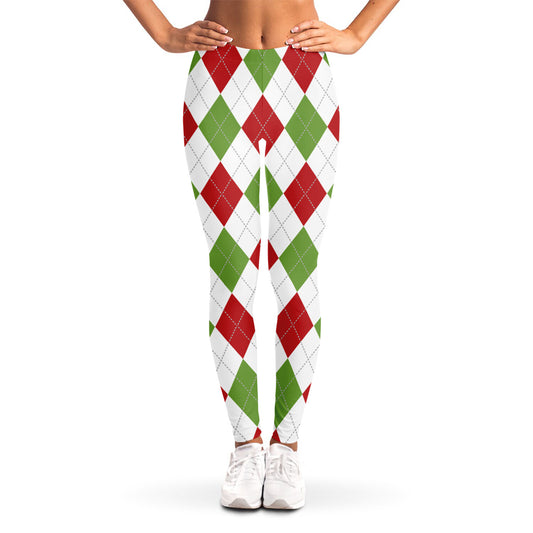 White Red And Green Argyle Pattern Print Women's Leggings
